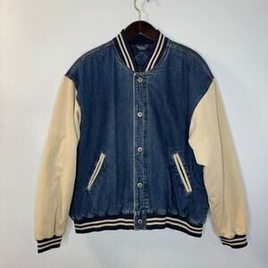 Vintage Basic Edition Jacket  Blue Denim Color Block Bomber Faded 80s Sz XL
